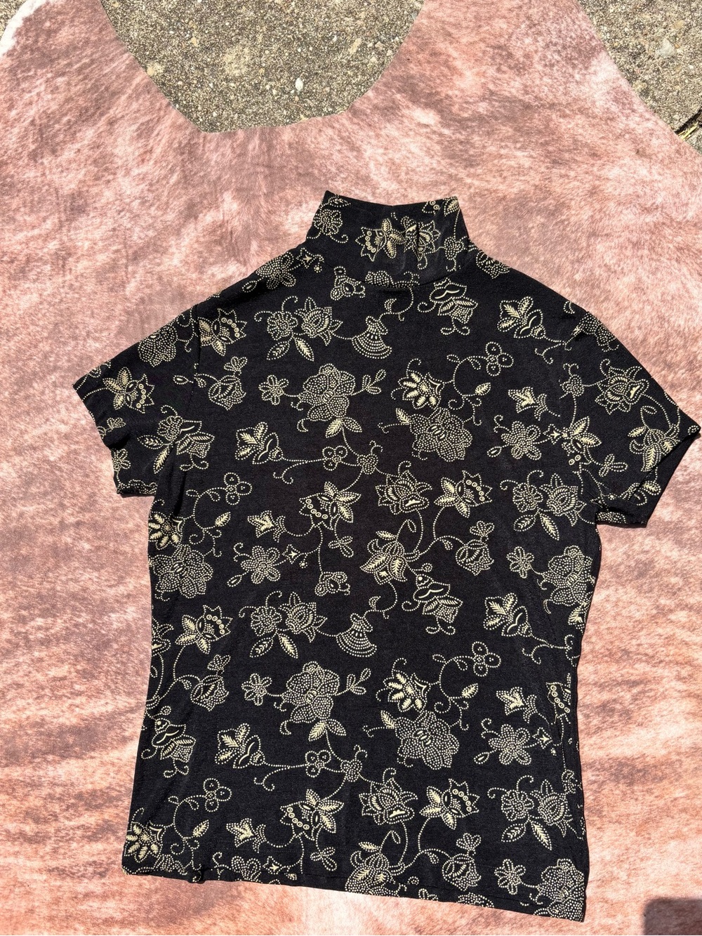 Vintage Black Short Sleeve Mock Neck Top with Gold Floral Print